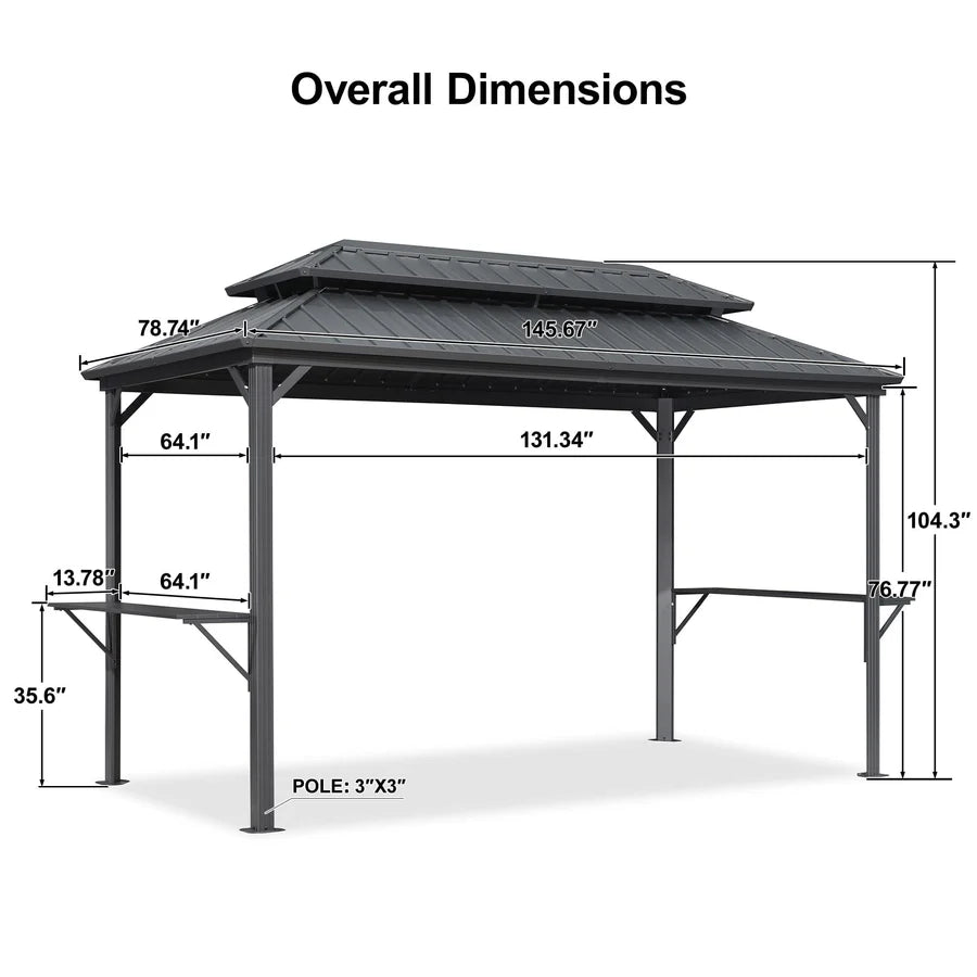 PURPLE LEAF Hardtop Grill Gazebo for Patio Grey Permanent Metal Roof Outside Sun Shade Outdoor BBQ Canopy
