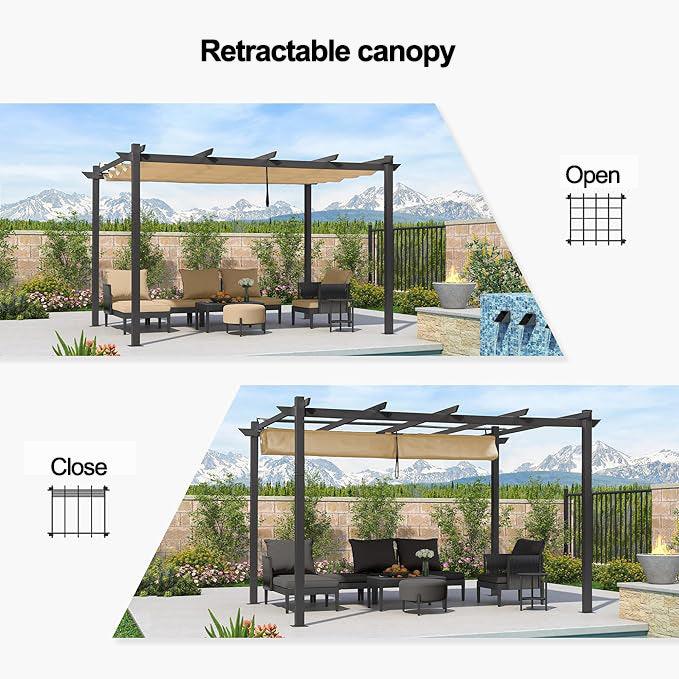 PURPLE LEAF Retractable Pergola with Double Sun Shade Canopy Heavy-Duty Aluminum Pergola
