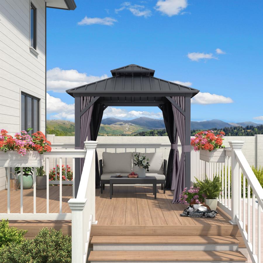 PURPLE LEAF Grey Hardtop Gazebo with Heavy Duty Galvanized Steel Double Roof with Netting and Curtains