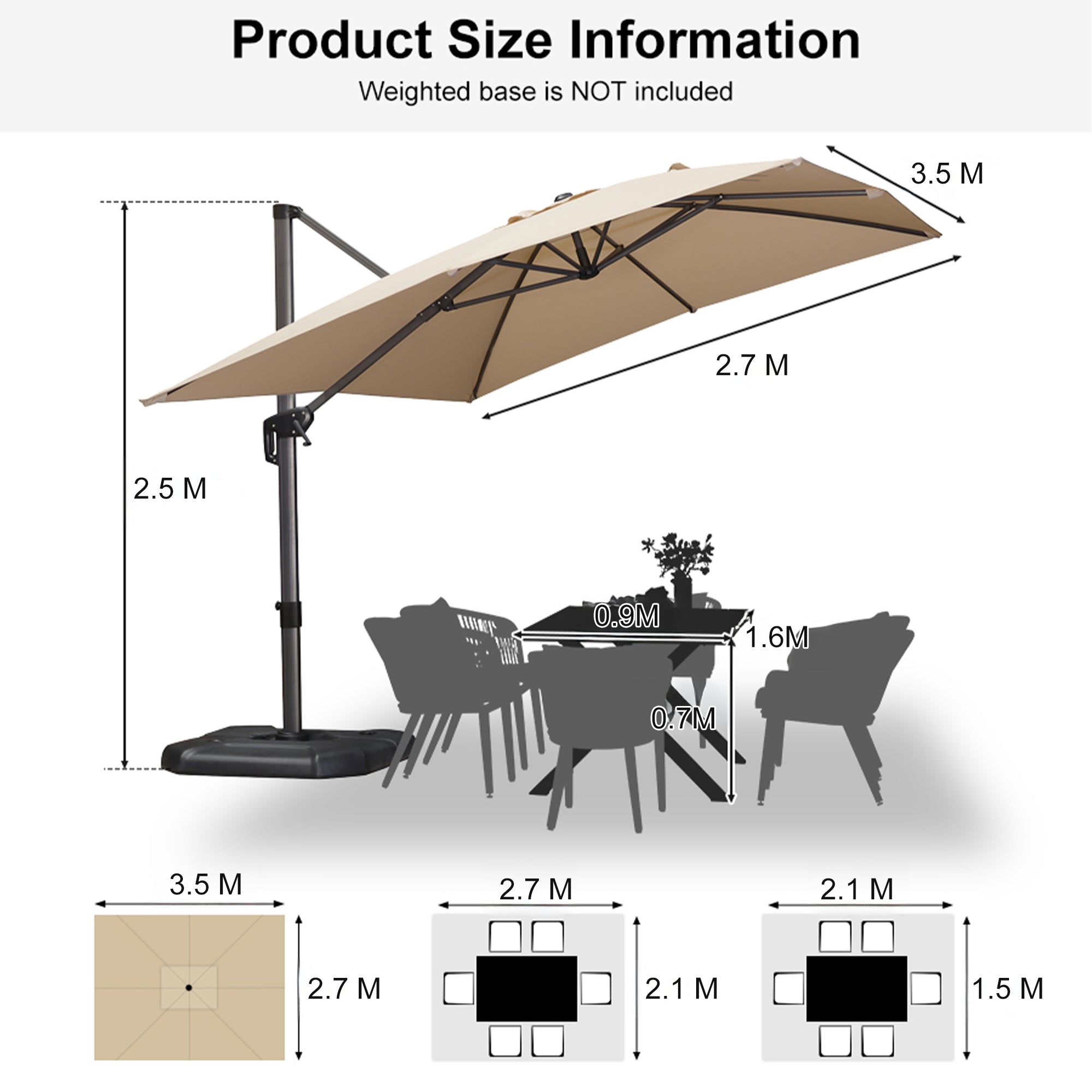 PURPLE LEAF Outdoor Umbrella Rectangle Aluminium Cantilever Umbrella with 360° Rotation for Garden pool beach
