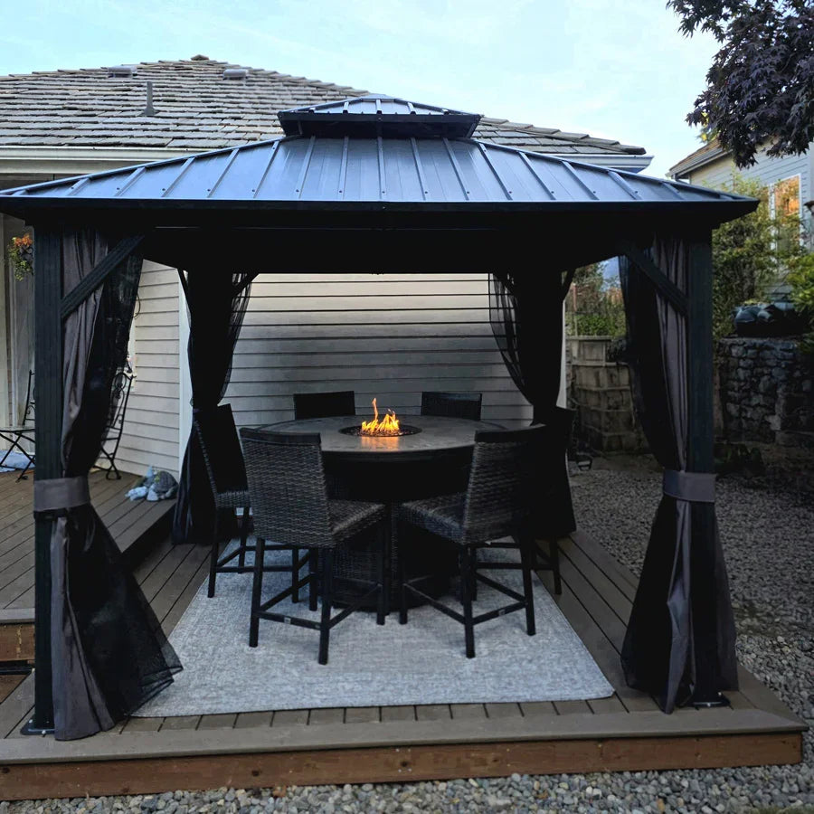 PURPLE LEAF Grey Hardtop Gazebo with Heavy Duty Galvanized Steel Double Roof with Netting and Curtains