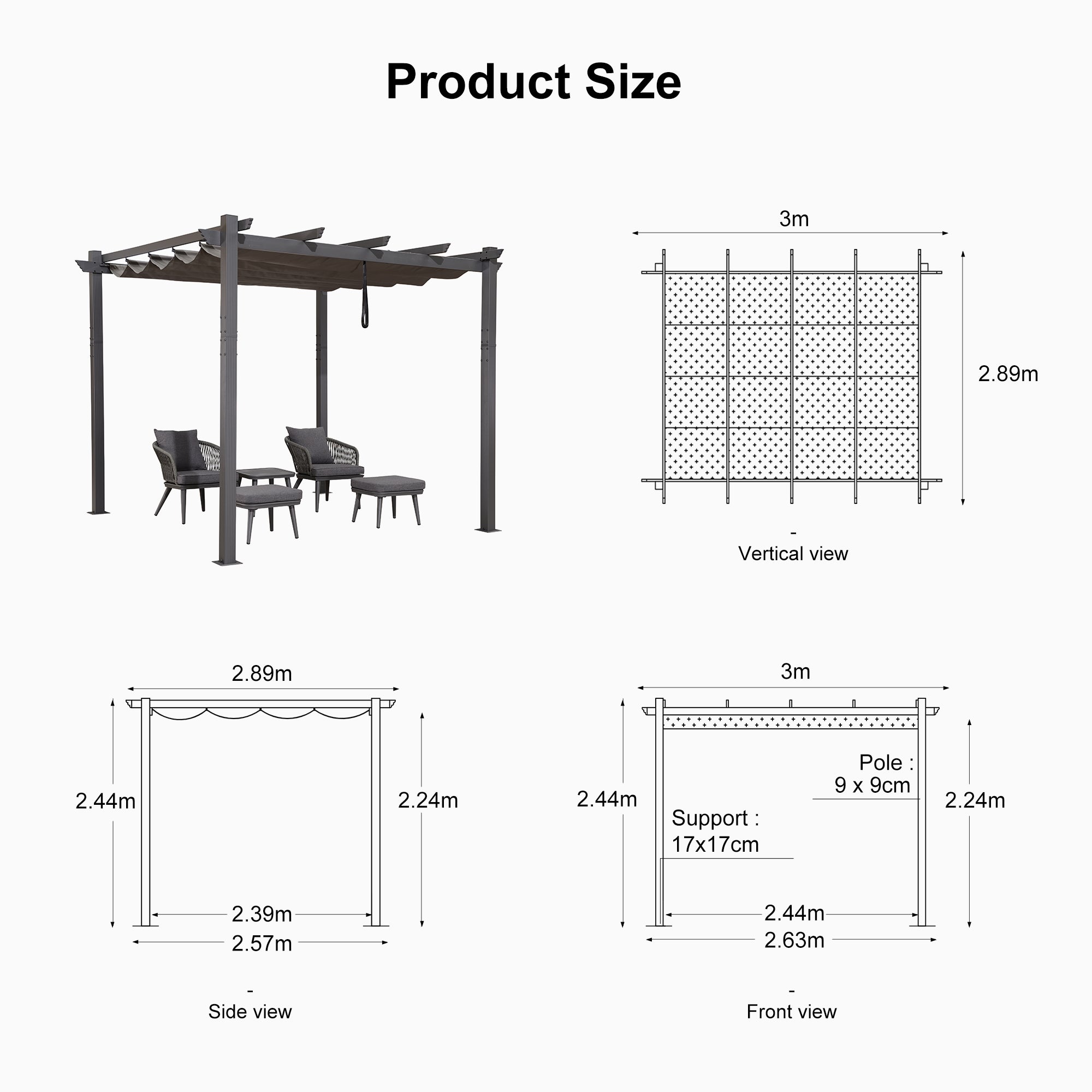 PURPLE LEAF Outdoor Retractable Pergola with Sun Shade Canopy Patio Aluminum Pergola for Garden