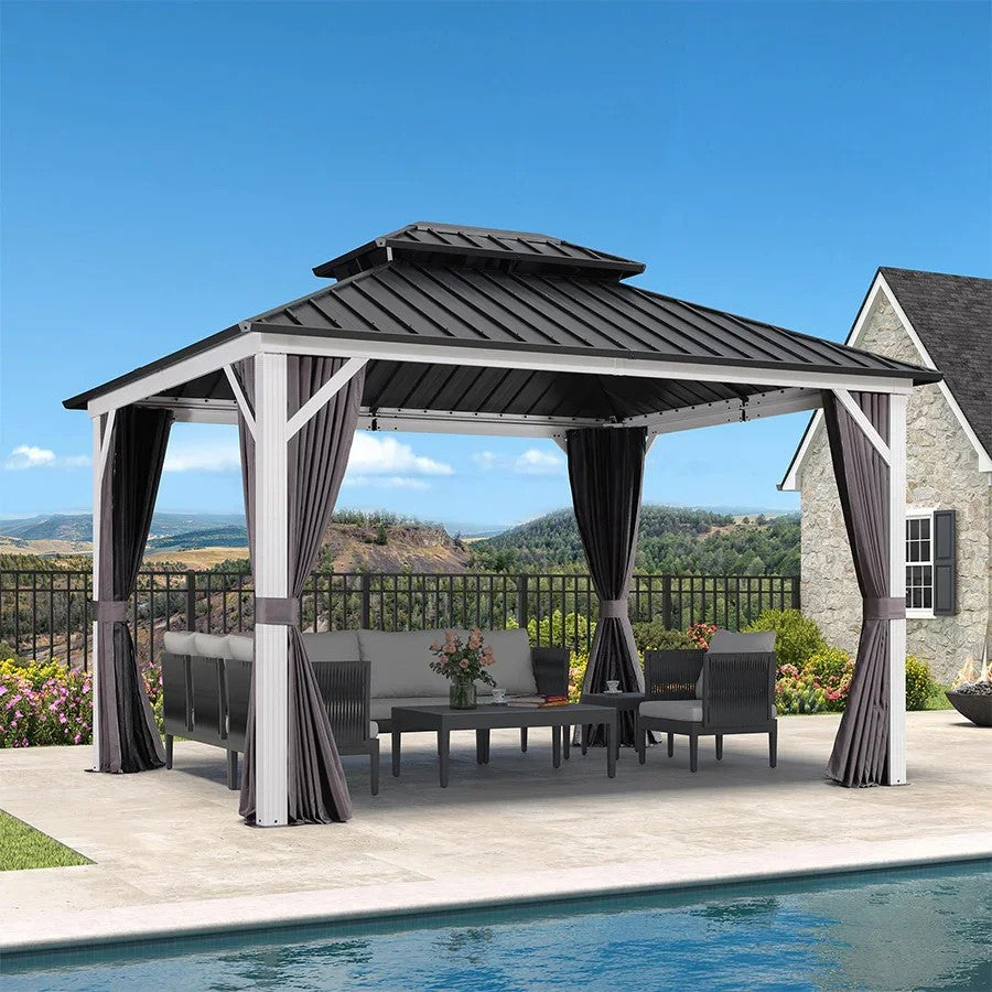 PURPLE LEAF Modern Gazebo Grey Hardtop Galvanized Steel Double Roof White Aluminum Poles with Curtains and Netting