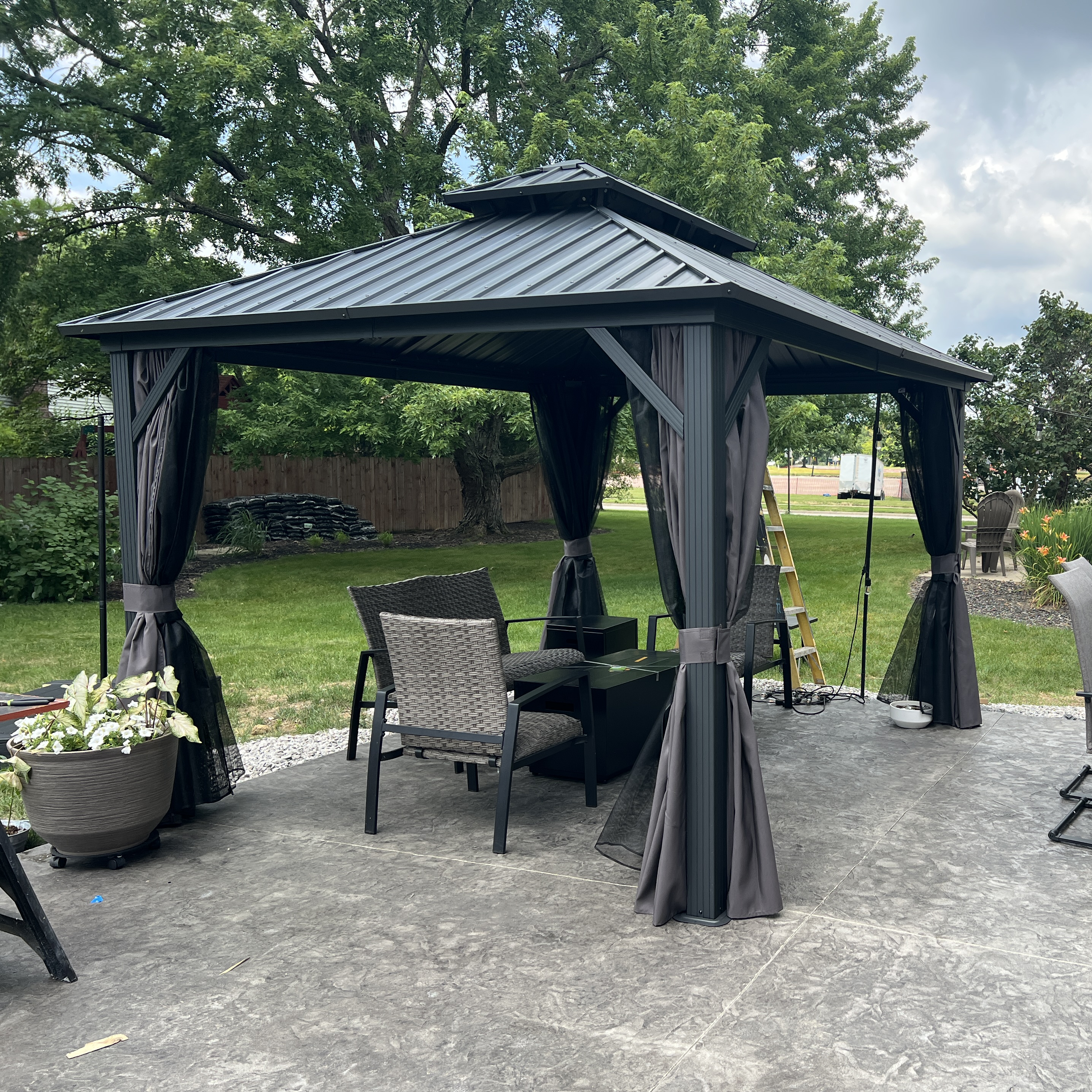 PURPLE LEAF Grey Hardtop Gazebo with Heavy Duty Galvanized Steel Double Roof with Netting and Curtains
