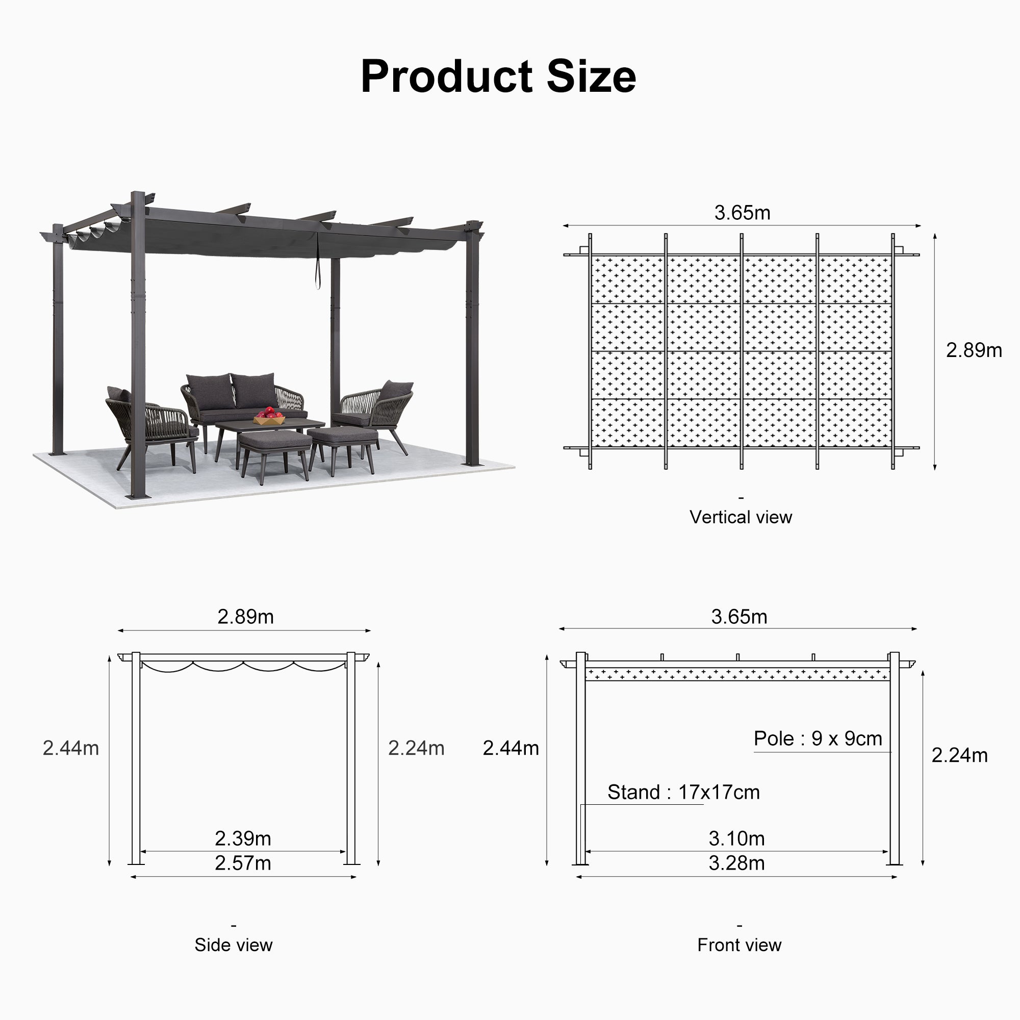 PURPLE LEAF Outdoor Retractable Pergola with Sun Shade Canopy Patio Aluminum Pergola for Garden