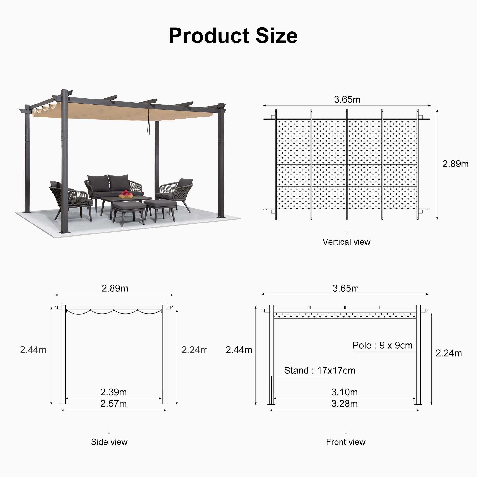 PURPLE LEAF Outdoor Retractable Pergola with Sun Shade Canopy Patio Aluminum Pergola for Garden