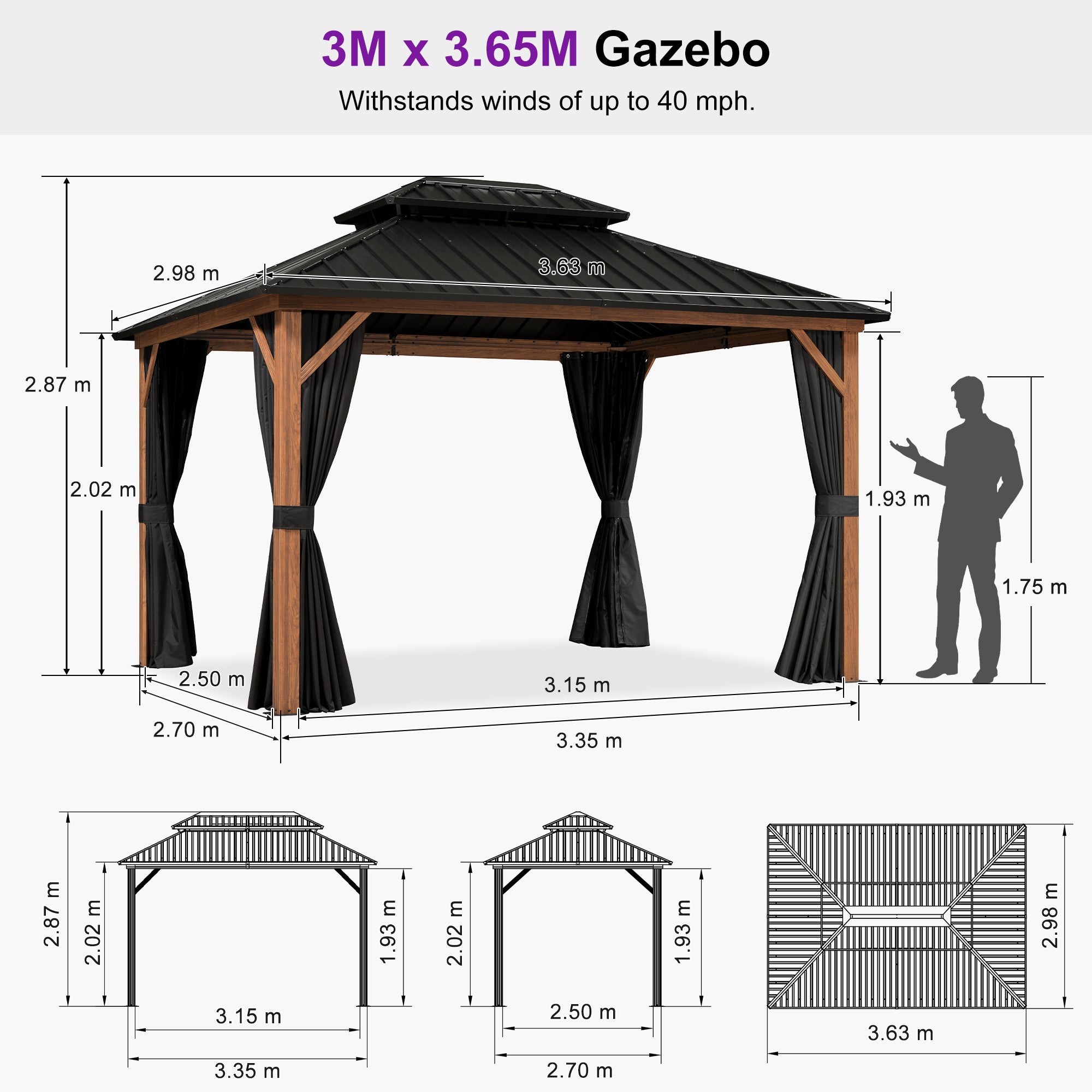 PURPLE LEAF Metal Gazebo Double Roof Wood Grain Aluminum Frame with Curtains and Netting