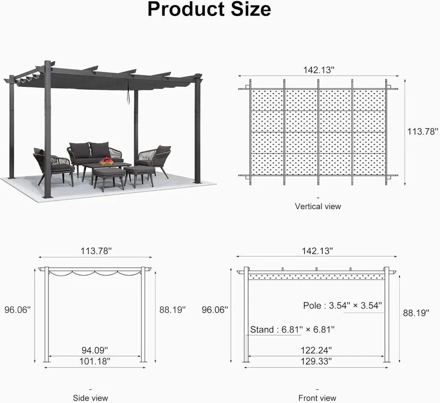 PURPLE LEAF Outdoor Retractable Pergola with Sun Shade Canopy Patio Aluminum Pergola for Garden