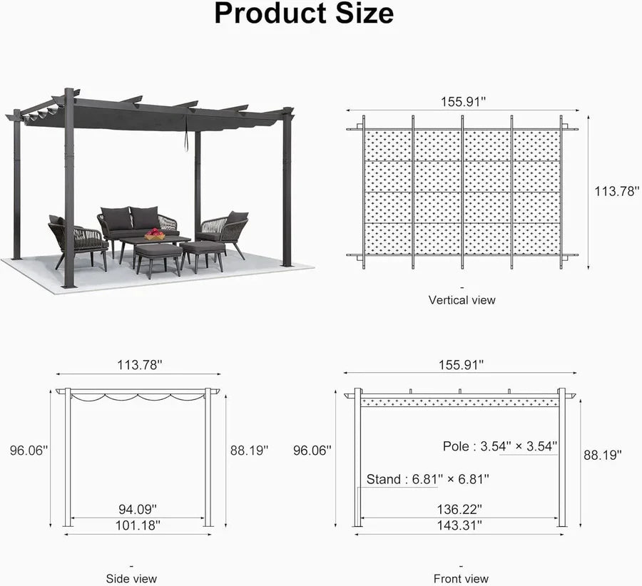 PURPLE LEAF Outdoor Retractable Pergola with Sun Shade Canopy Patio Aluminum Pergola for Garden