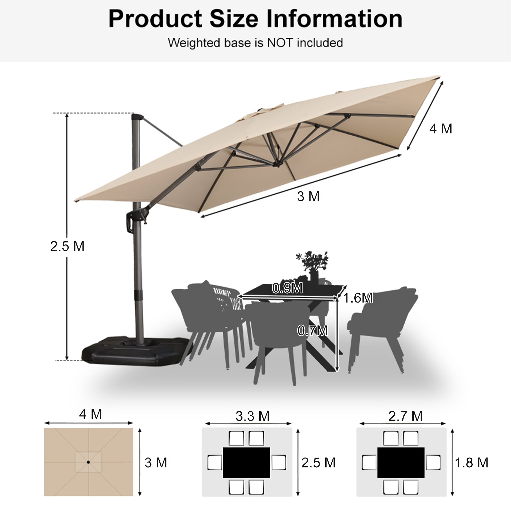 PURPLE LEAF Outdoor Umbrella Square Aluminium Cantilever Umbrella with 360° Rotation for Garden pool beach