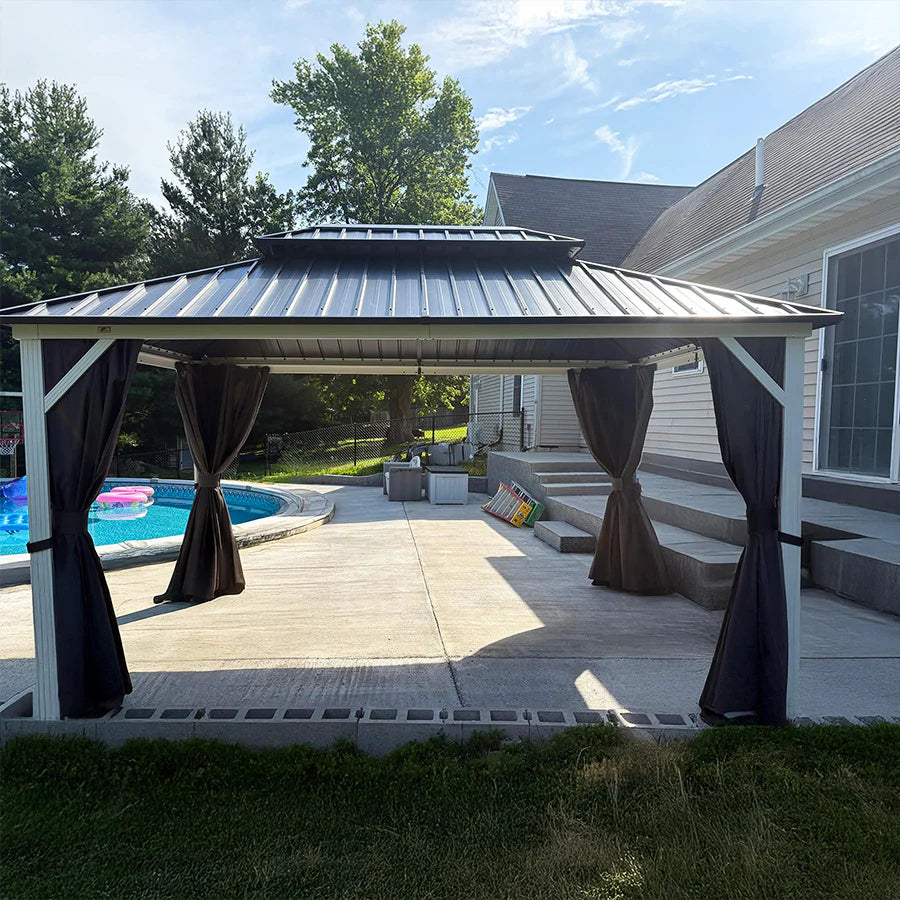 PURPLE LEAF Modern Gazebo Grey Hardtop Galvanized Steel Double Roof White Aluminum Poles with Curtains and Netting