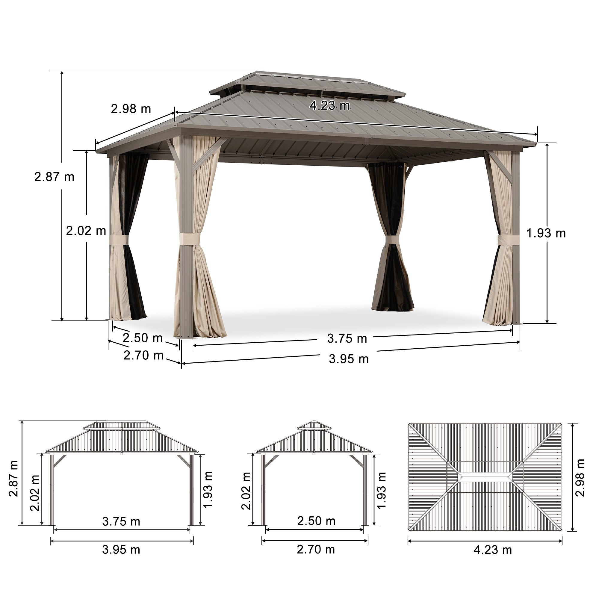 PURPLE LEAF Deck Gazebo Champagne Hardtop Metal Frame Double Roof with Curtains and Netting