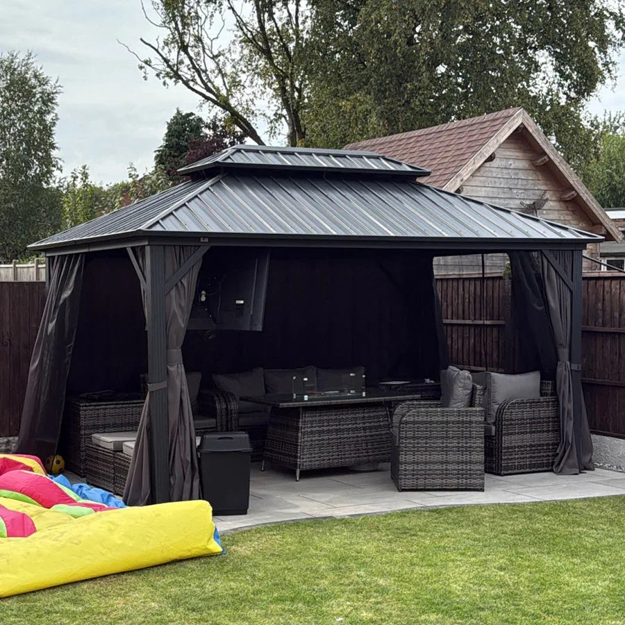 PURPLE LEAF Grey Hardtop Gazebo with Heavy Duty Galvanized Steel Double Roof with Netting and Curtains