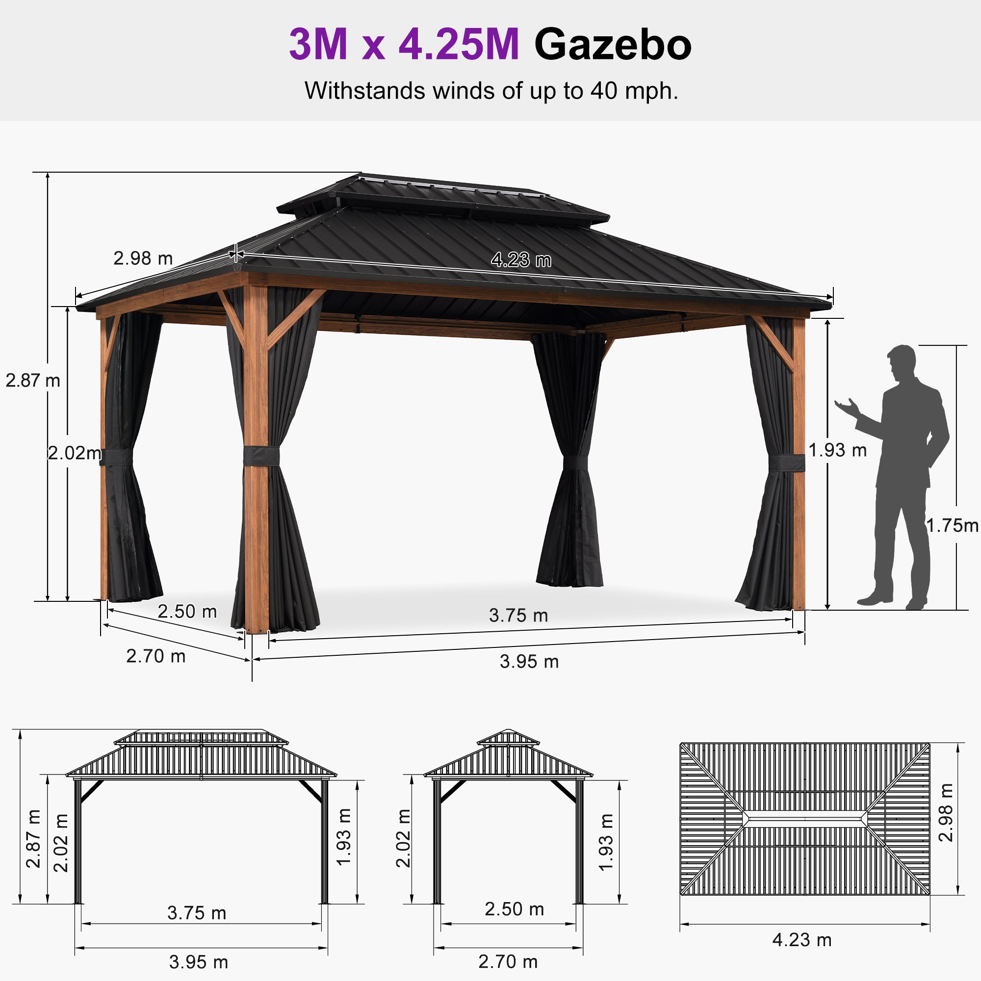 PURPLE LEAF Metal Gazebo Double Roof Wood Grain Aluminum Frame with Curtains and Netting
