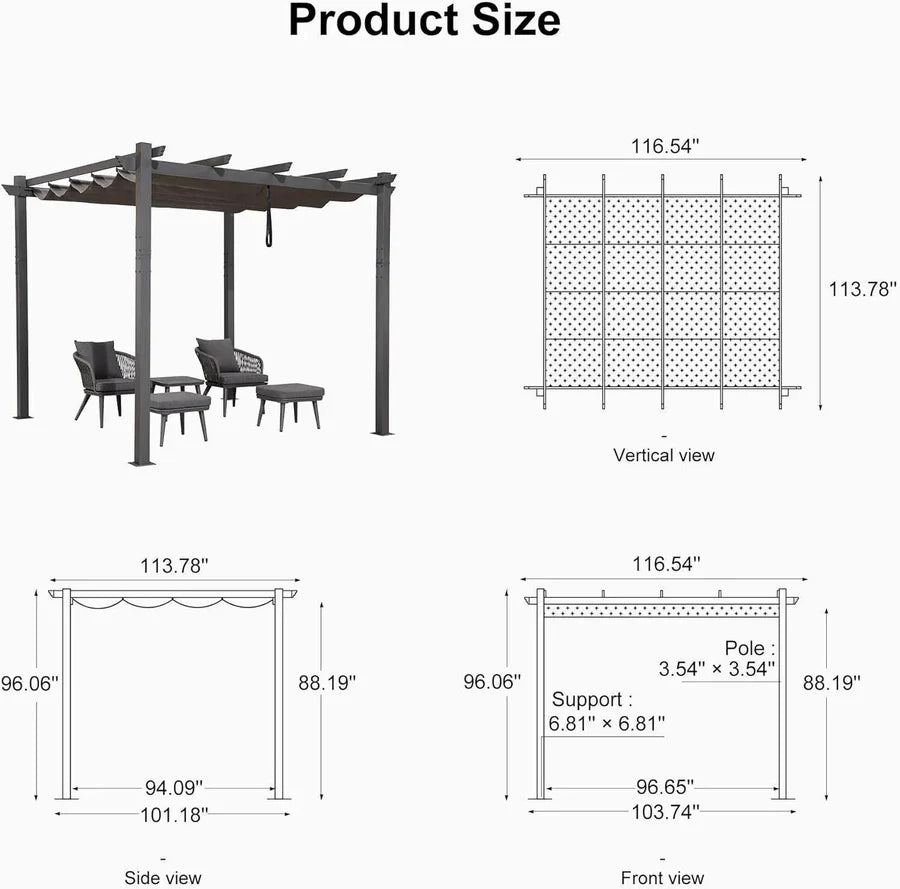 PURPLE LEAF Outdoor Retractable Pergola with Sun Shade Canopy Patio Aluminum Pergola for Garden