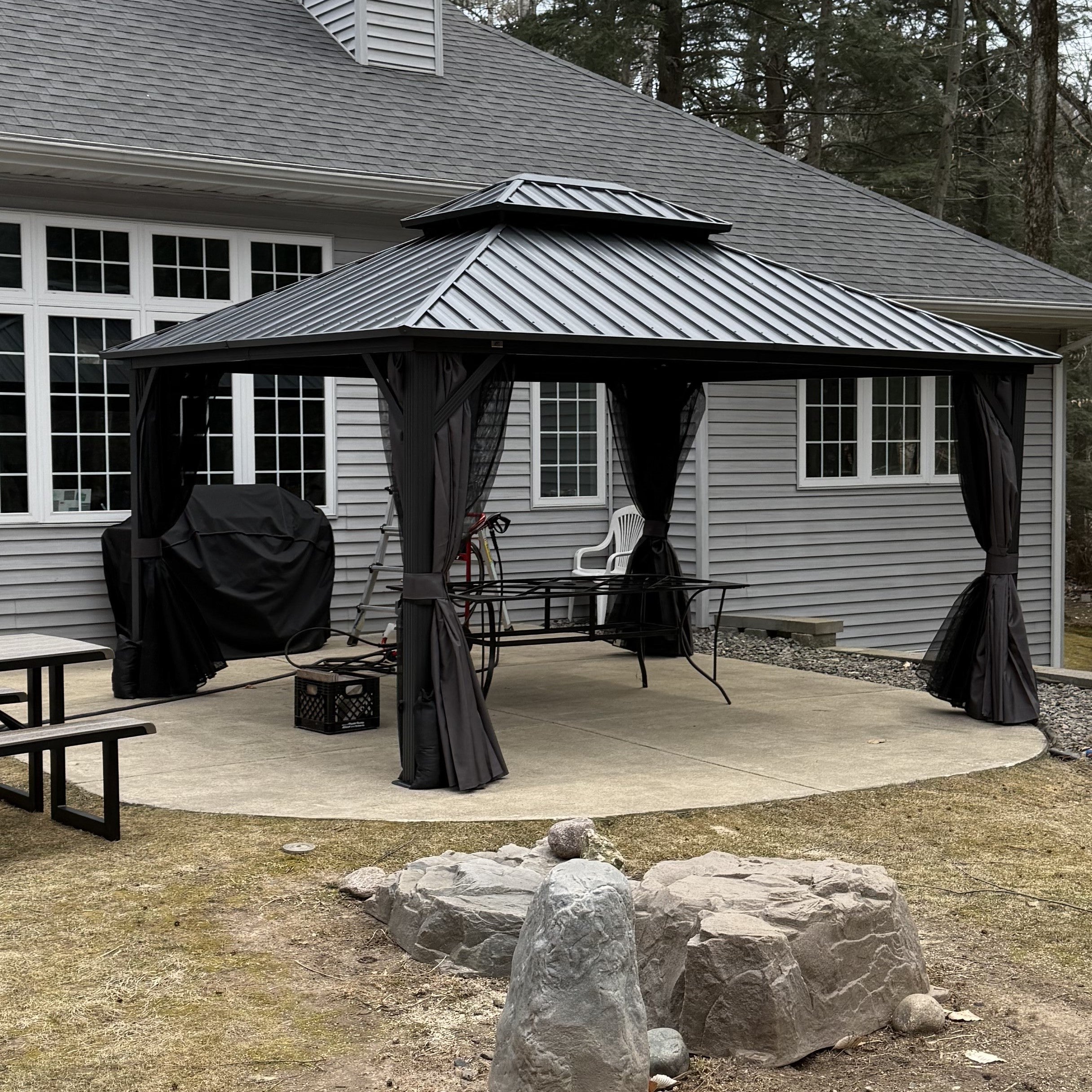 PURPLE LEAF Grey Hardtop Gazebo with Heavy Duty Galvanized Steel Double Roof with Netting and Curtains
