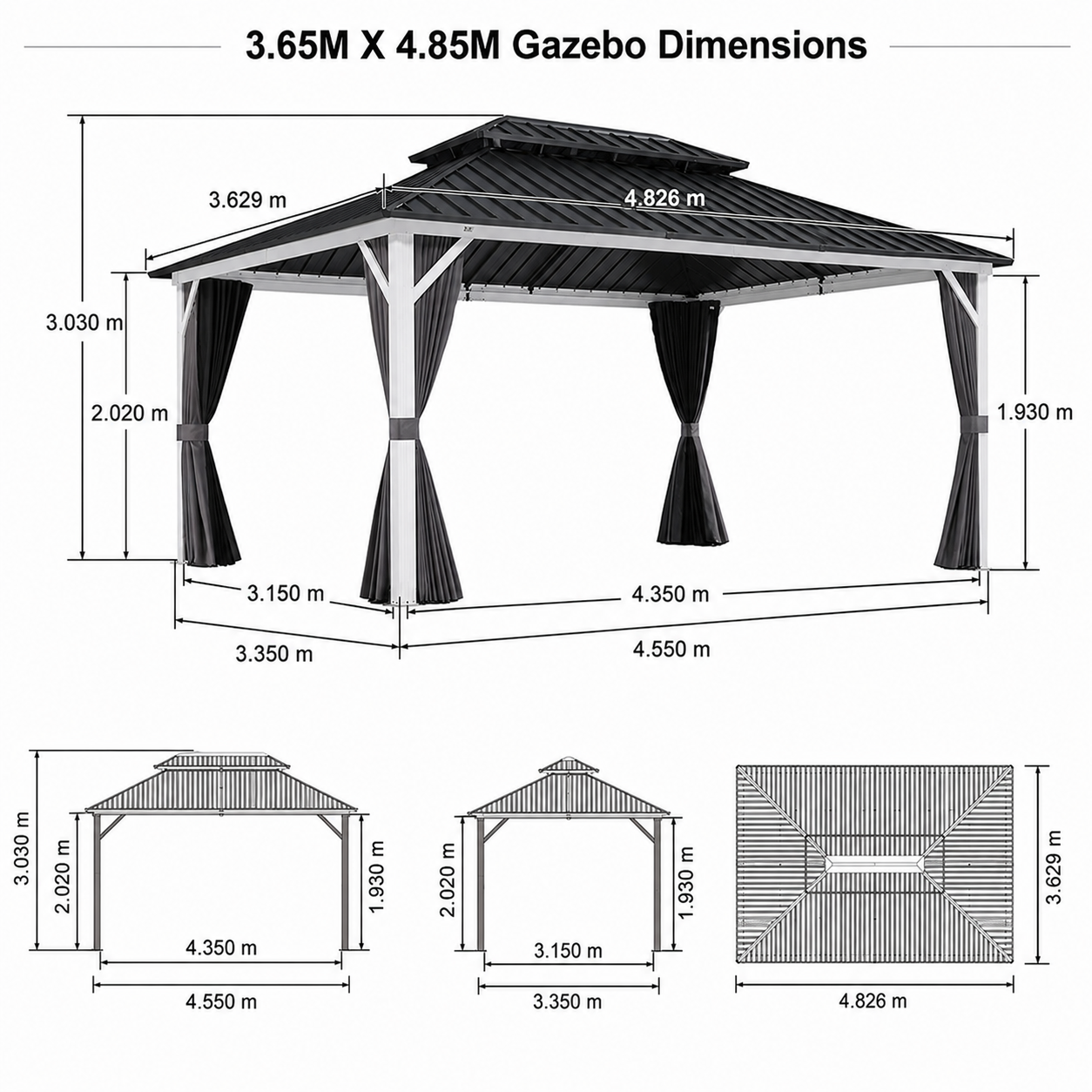 PURPLE LEAF Modern Gazebo Grey Hardtop Galvanized Steel Double Roof White Aluminum Poles with Curtains and Netting
