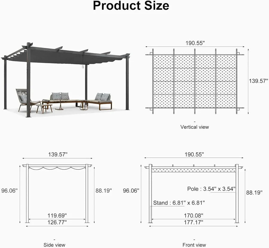 PURPLE LEAF Outdoor Retractable Pergola with Sun Shade Canopy Patio Aluminum Pergola for Garden