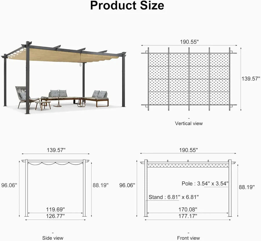 PURPLE LEAF Outdoor Retractable Pergola with Sun Shade Canopy Patio Aluminum Pergola for Garden