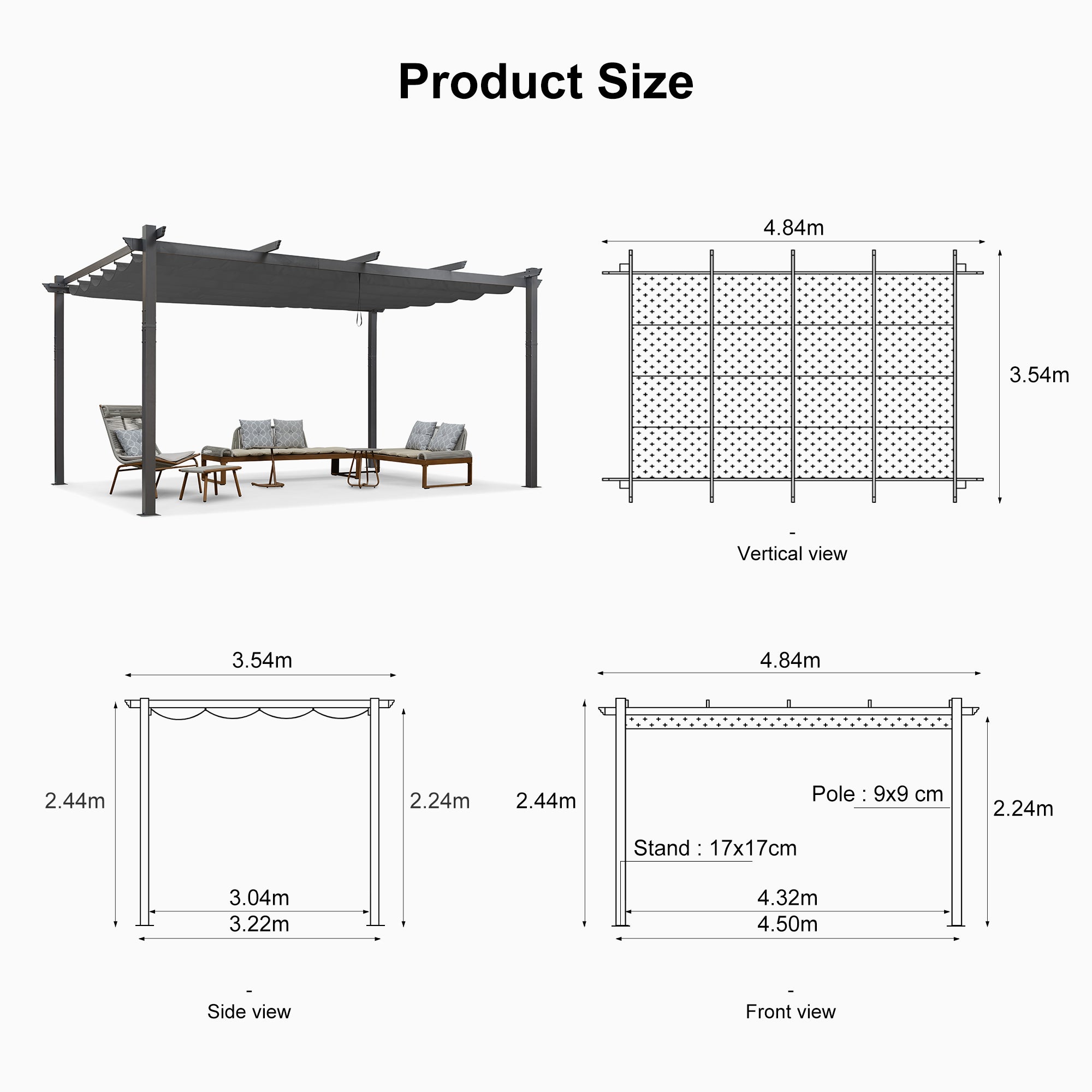 PURPLE LEAF Outdoor Retractable Pergola with Sun Shade Canopy Patio Aluminum Pergola for Garden