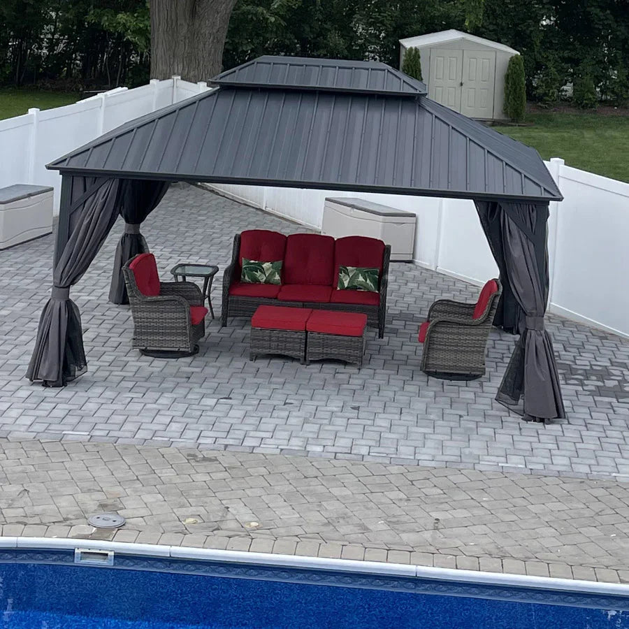 PURPLE LEAF Grey Hardtop Gazebo with Heavy Duty Galvanized Steel Double Roof with Netting and Curtains