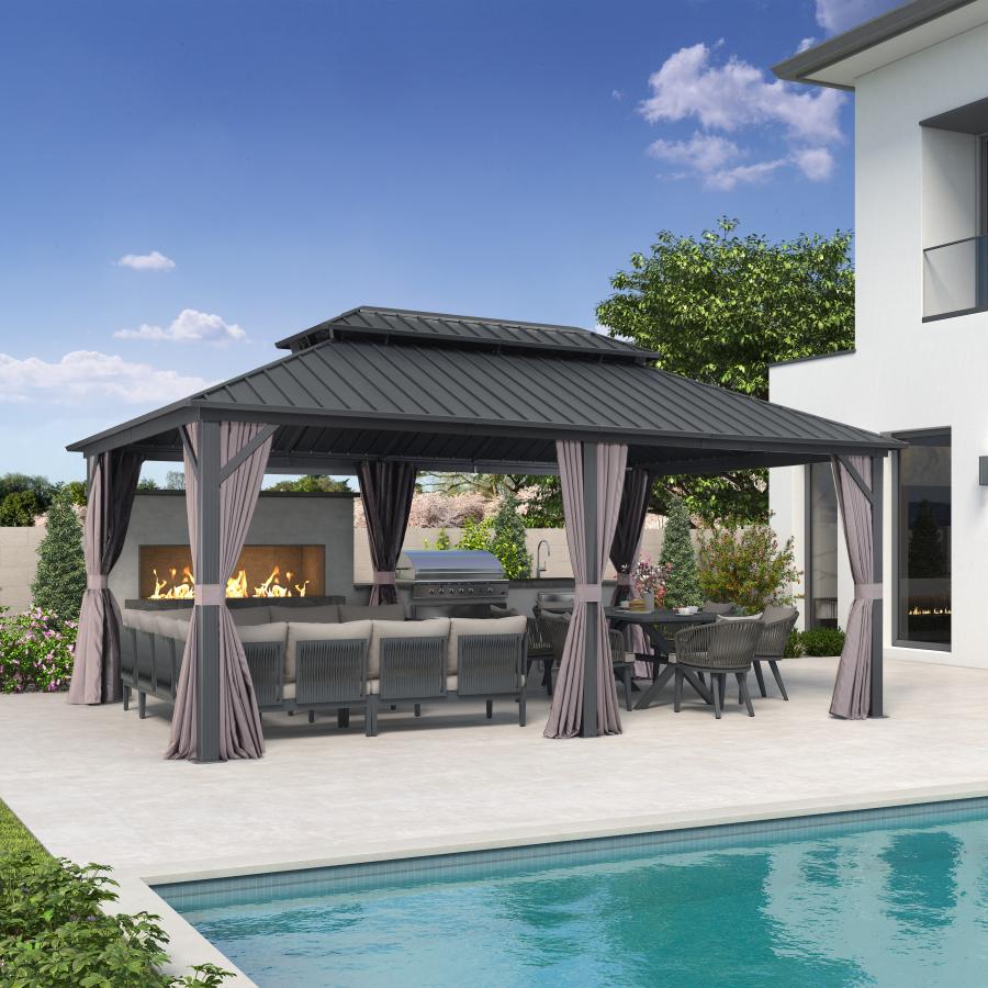 PURPLE LEAF Grey Hardtop Gazebo with Heavy Duty Galvanized Steel Double Roof with Netting and Curtains