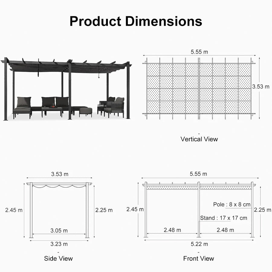 PURPLE LEAF Outdoor Retractable Pergola with Sun Shade Canopy Patio Aluminum Pergola for Garden