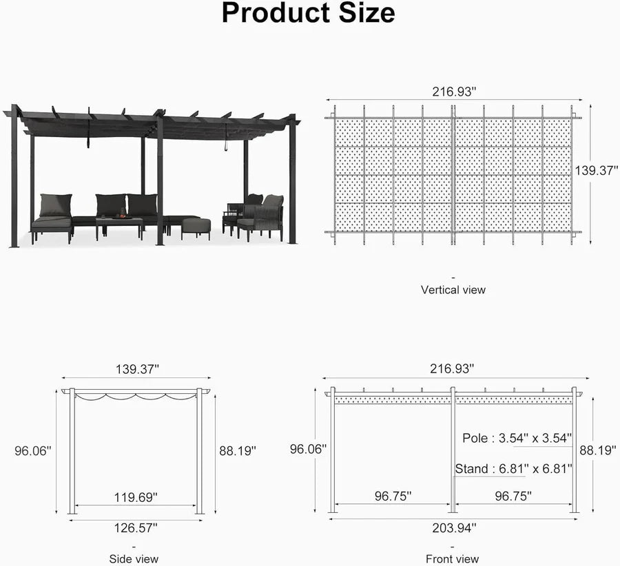 PURPLE LEAF Outdoor Retractable Pergola with Sun Shade Canopy Patio Aluminum Pergola for Garden