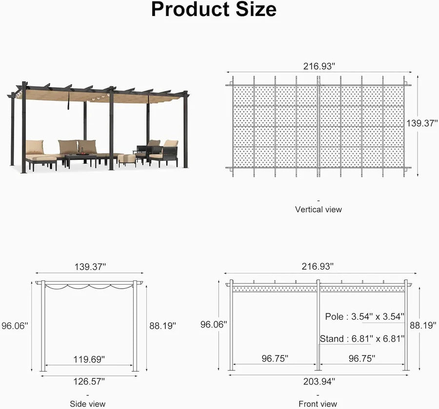 PURPLE LEAF Outdoor Retractable Pergola with Sun Shade Canopy Patio Aluminum Pergola for Garden