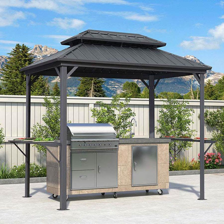 PURPLE LEAF Hardtop Grill Gazebo for Patio Grey Permanent Metal Roof Outside Sun Shade Outdoor BBQ Canopy