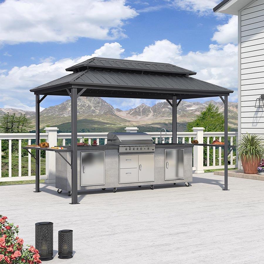 PURPLE LEAF Hardtop Grill Gazebo for Patio Grey Permanent Metal Roof Outside Sun Shade Outdoor BBQ Canopy
