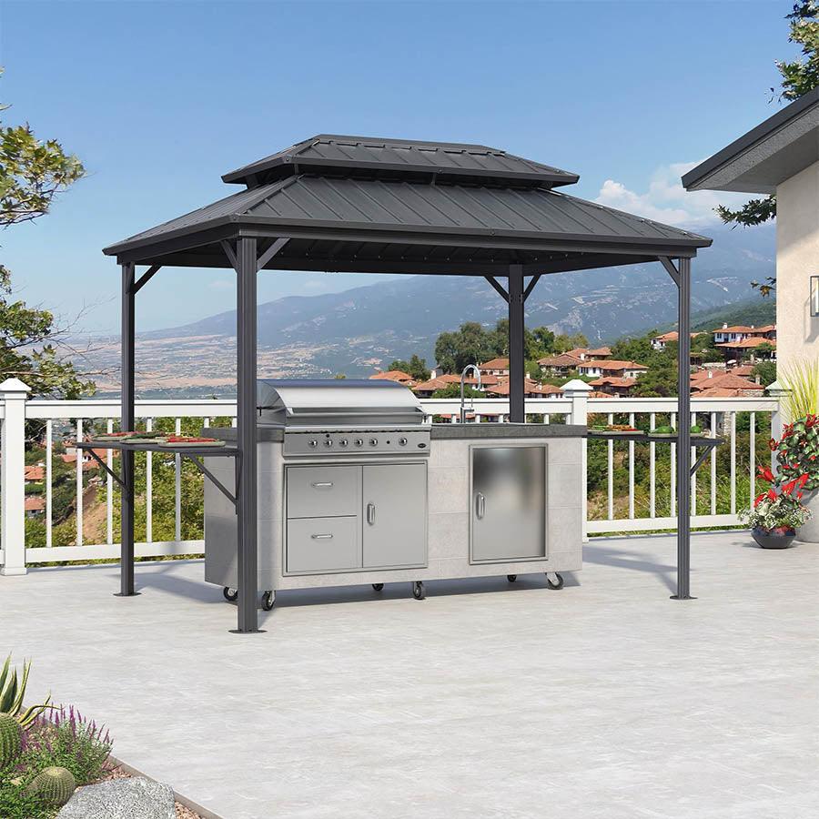 PURPLE LEAF Hardtop Grill Gazebo for Patio Grey Permanent Metal Roof Outside Sun Shade Outdoor BBQ Canopy
