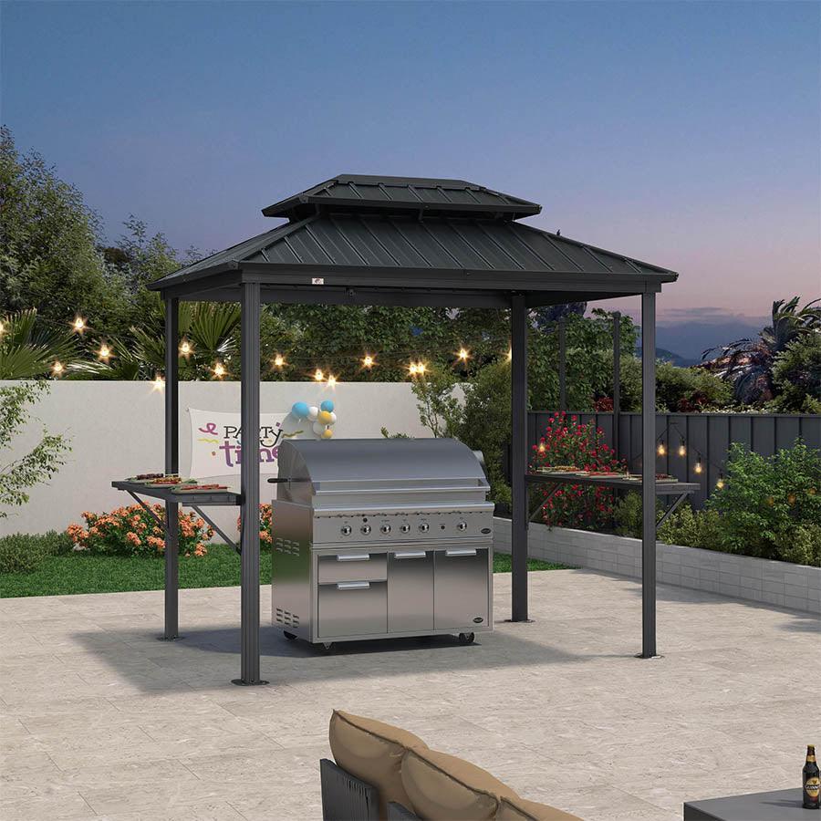 PURPLE LEAF Hardtop Grill Gazebo for Patio Grey Permanent Metal Roof Outside Sun Shade Outdoor BBQ Canopy