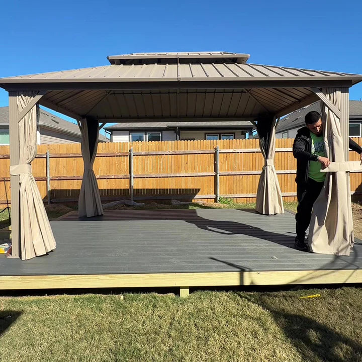 PURPLE LEAF Deck Gazebo Champagne Hardtop Metal Frame Double Roof with Curtains and Netting