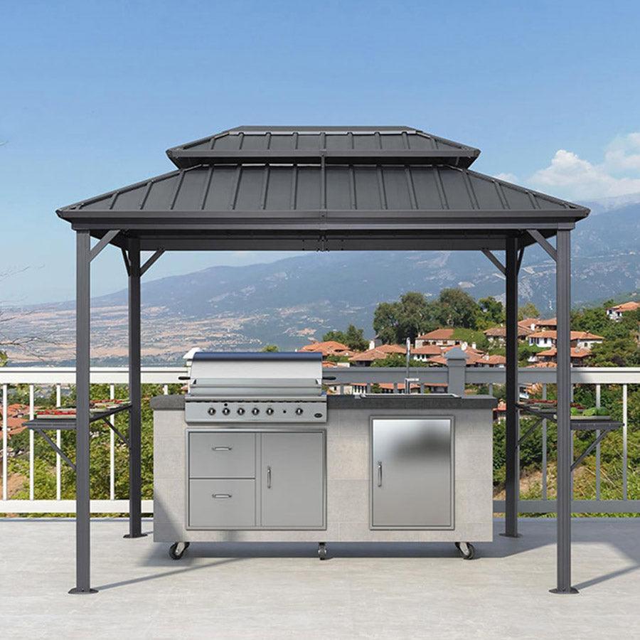 PURPLE LEAF Hardtop Grill Gazebo for Patio Grey Permanent Metal Roof Outside Sun Shade Outdoor BBQ Canopy