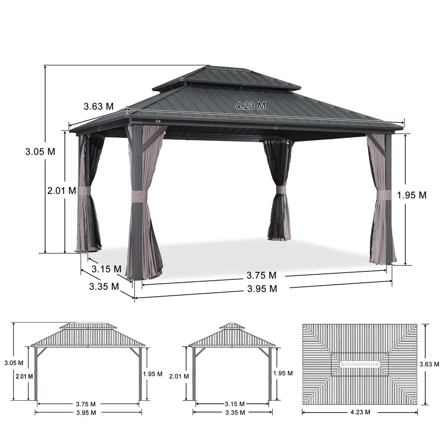 PURPLE LEAF Grey Hardtop Gazebo with Heavy Duty Galvanized Steel Double Roof with Netting and Curtains