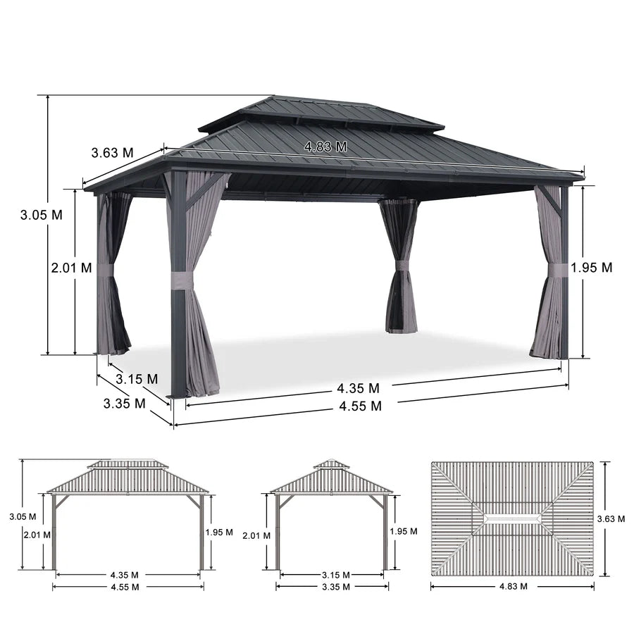 PURPLE LEAF Grey Hardtop Gazebo with Heavy Duty Galvanized Steel Double Roof with Netting and Curtains