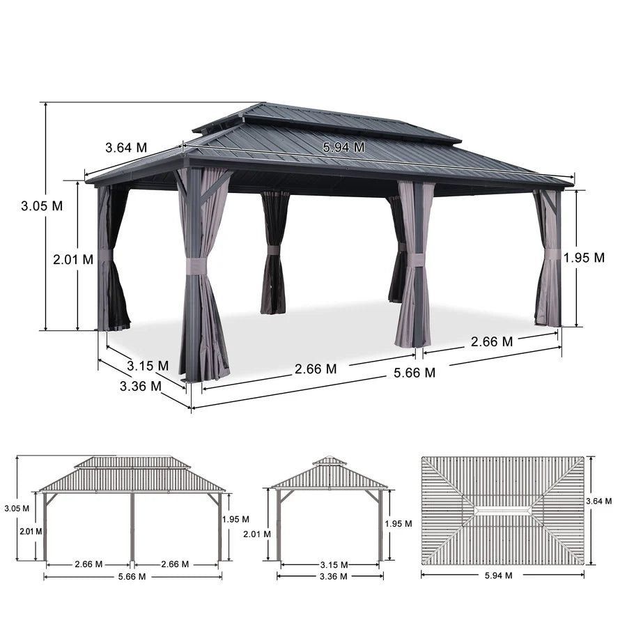 PURPLE LEAF Grey Hardtop Gazebo with Heavy Duty Galvanized Steel Double Roof with Netting and Curtains
