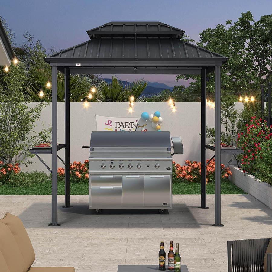 PURPLE LEAF Hardtop Grill Gazebo for Patio Grey Permanent Metal Roof Outside Sun Shade Outdoor BBQ Canopy