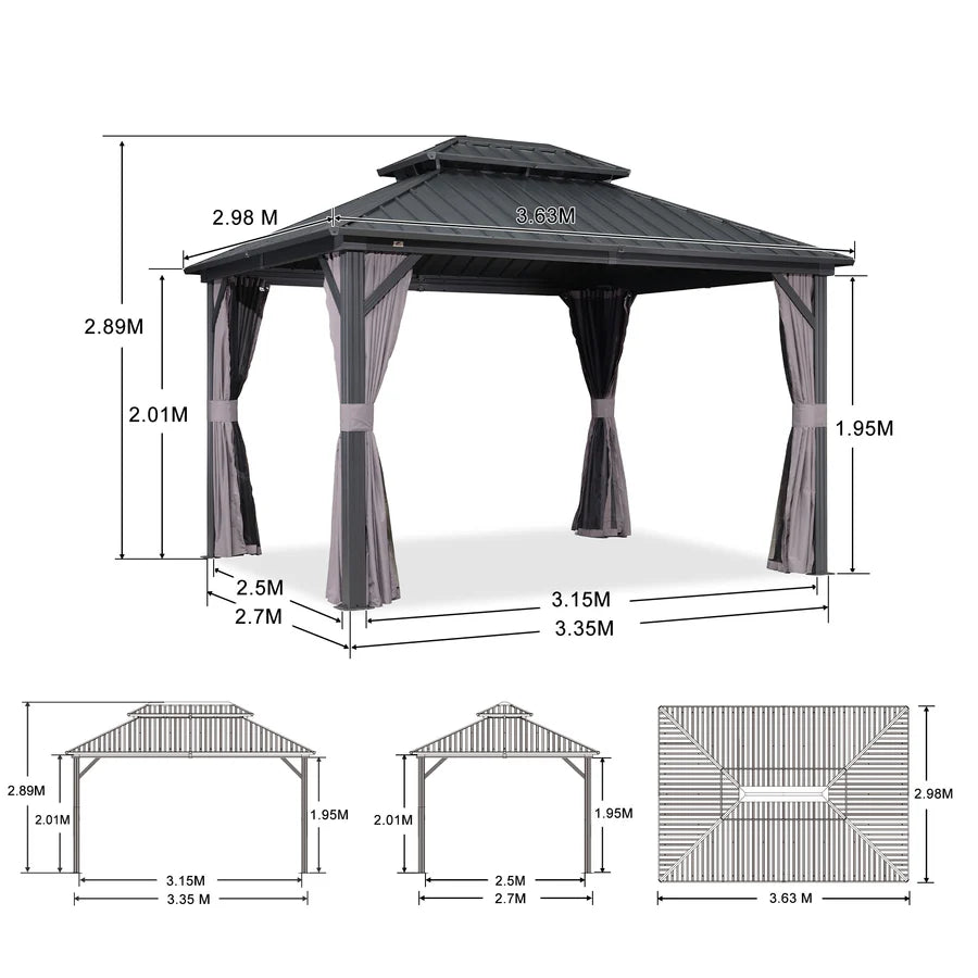 PURPLE LEAF Grey Hardtop Gazebo with Heavy Duty Galvanized Steel Double Roof with Netting and Curtains