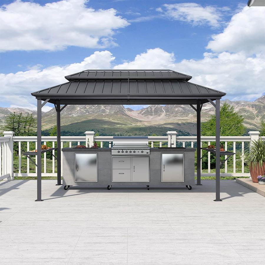 PURPLE LEAF Hardtop Grill Gazebo for Patio Grey Permanent Metal Roof Outside Sun Shade Outdoor BBQ Canopy
