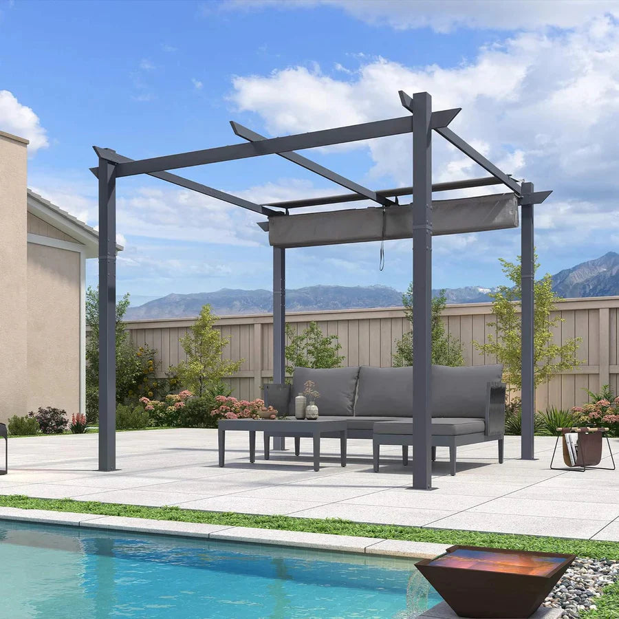 PURPLE LEAF Patio Retractable Pergola with Shade Canopy Modern Grill Gazebo Metal Shelter Pavilion for Porch Deck Garden Backyard Outdoor Pergola