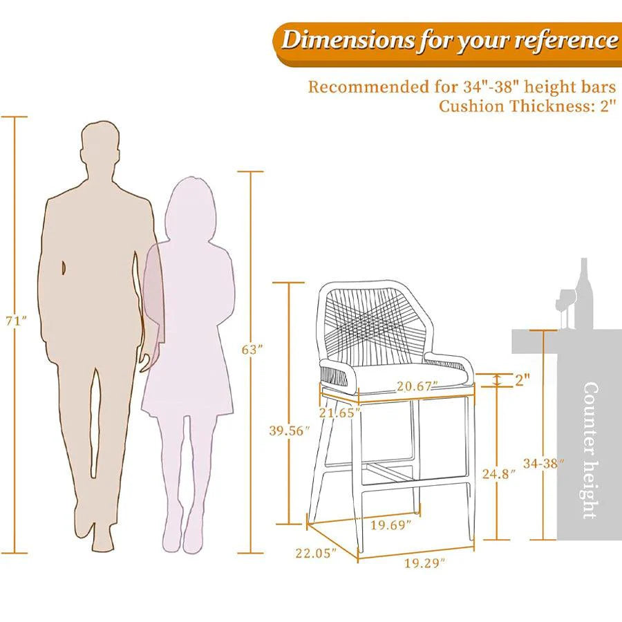 PURPLE LEAF Outdoor Bar Stool Set of 2, Wicker Rattan Bar stools with Back Aluminum Outside Garden Patio Bar Chairs