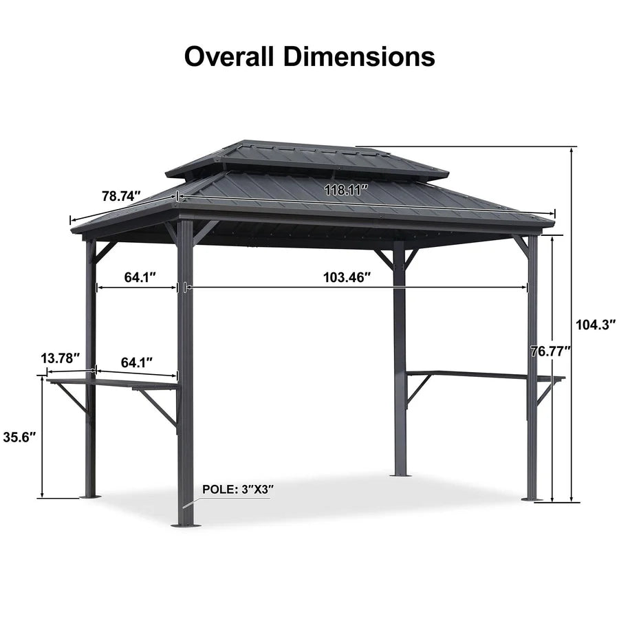 PURPLE LEAF Hardtop Grill Gazebo for Patio Grey Permanent Metal Roof Outside Sun Shade Outdoor BBQ Canopy