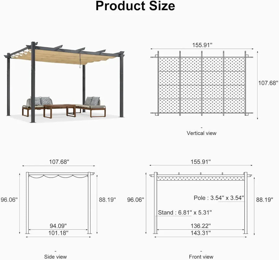 PURPLE LEAF Outdoor Retractable Pergola with Sun Shade Canopy Patio Aluminum Pergola for Garden