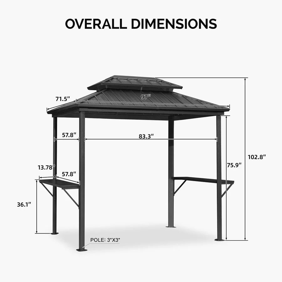 PURPLE LEAF Hardtop Grill Gazebo for Patio Grey Permanent Metal Roof Outside Sun Shade Outdoor BBQ Canopy