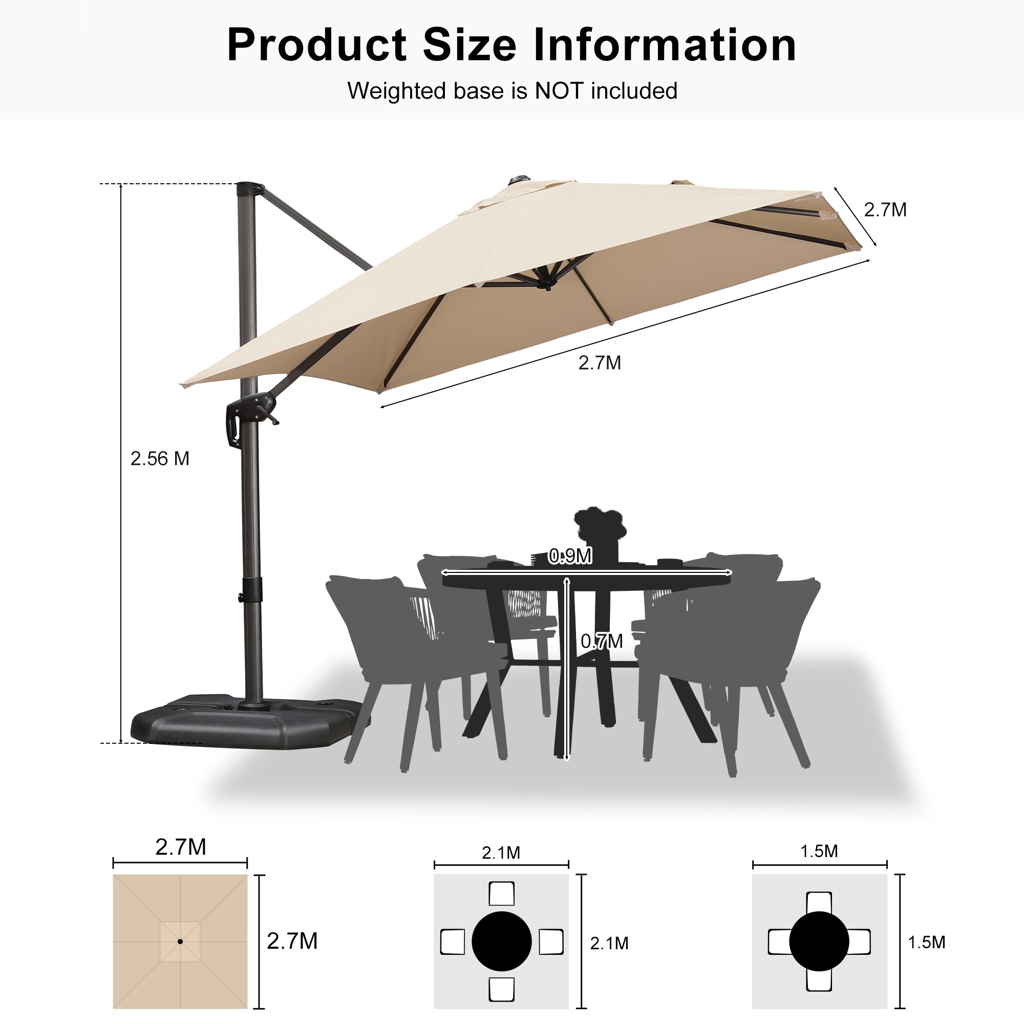 PURPLE LEAF Outdoor Umbrella Square Aluminium Cantilever Umbrella with 360° Rotation for Garden pool beach