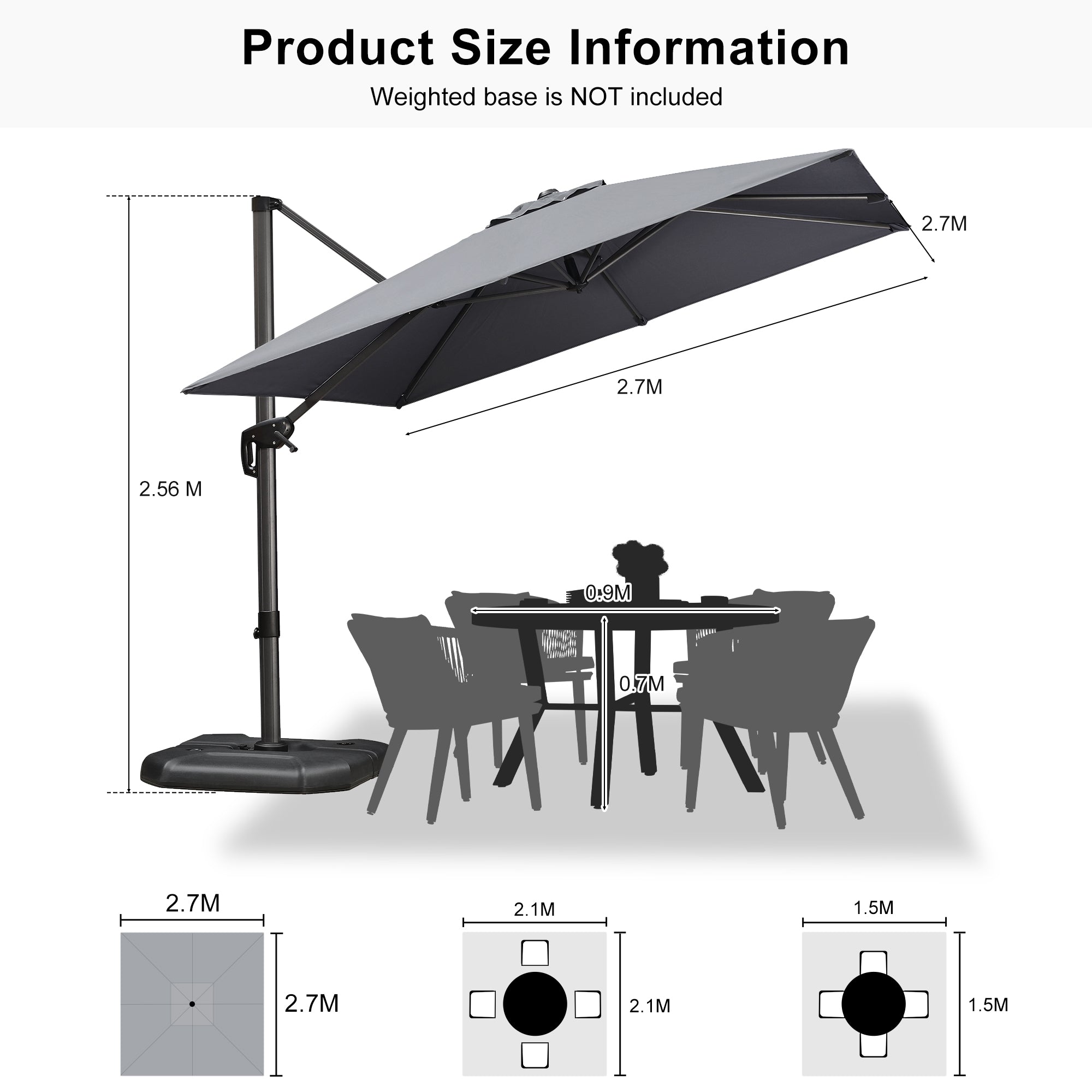 PURPLE LEAF Outdoor Umbrella Square Aluminium Cantilever Umbrella with 360° Rotation for Garden pool beach