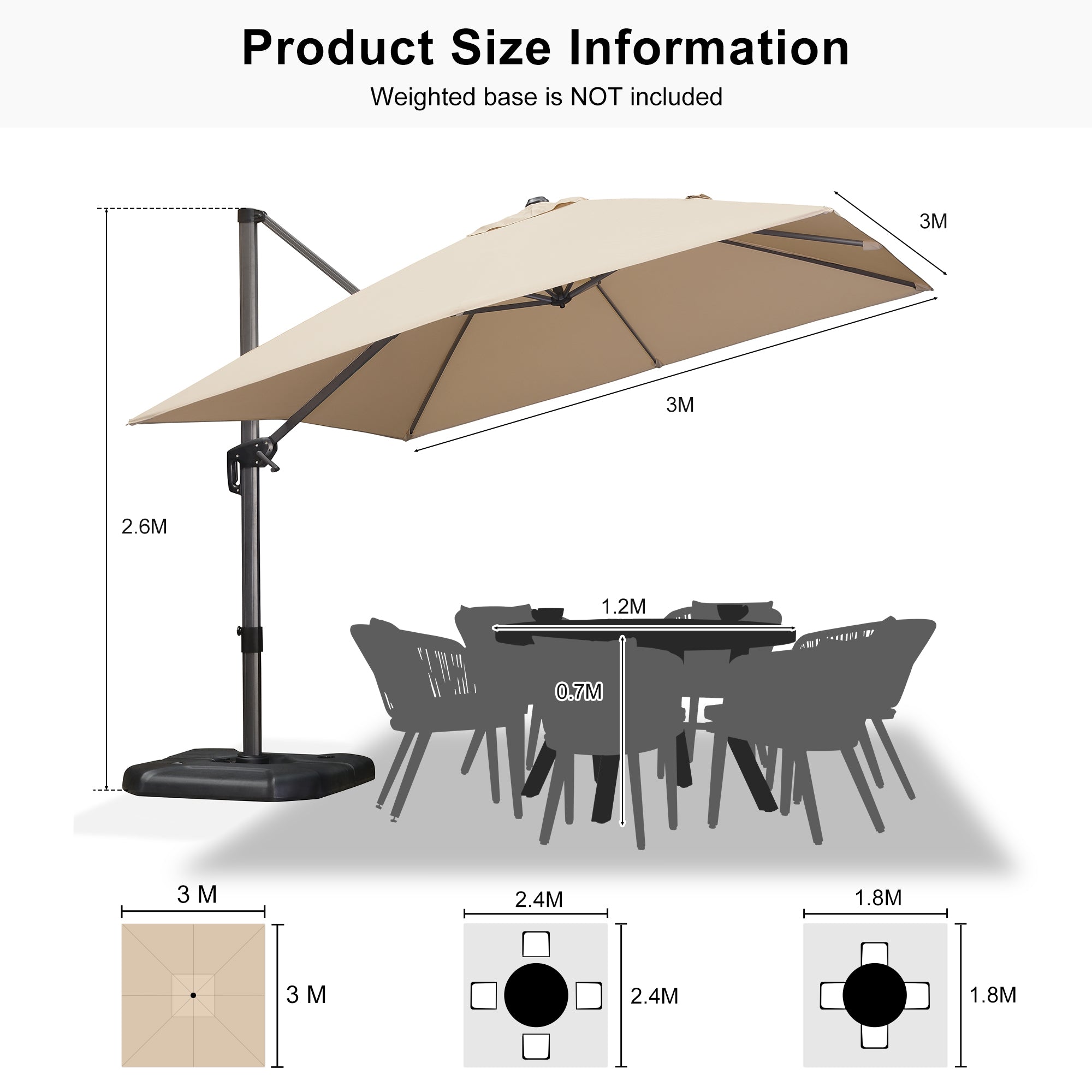 PURPLE LEAF Outdoor Umbrella Square Aluminium Cantilever Umbrella with 360° Rotation for Garden pool beach