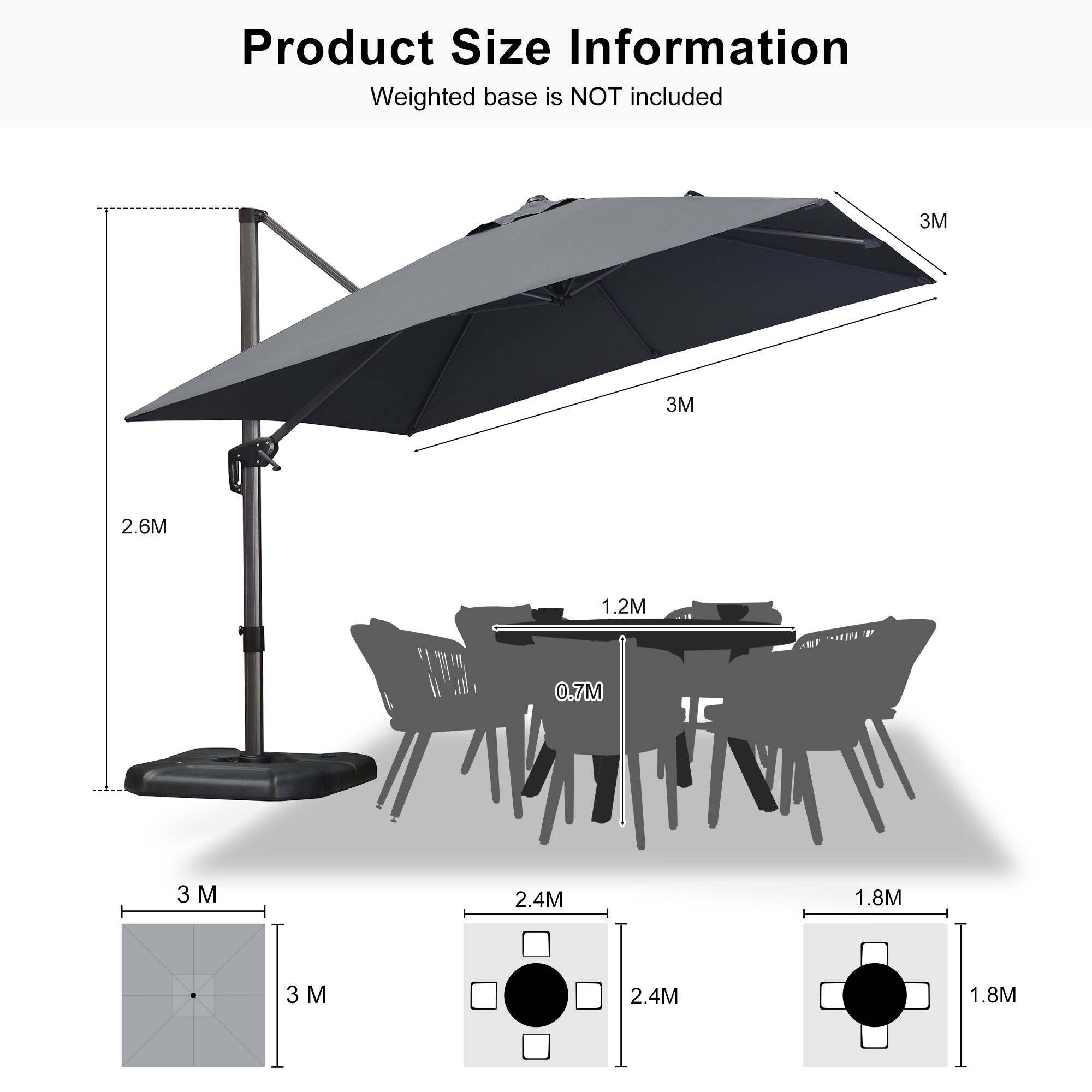 PURPLE LEAF Outdoor Umbrella Square Aluminium Cantilever Umbrella with 360° Rotation for Garden pool beach
